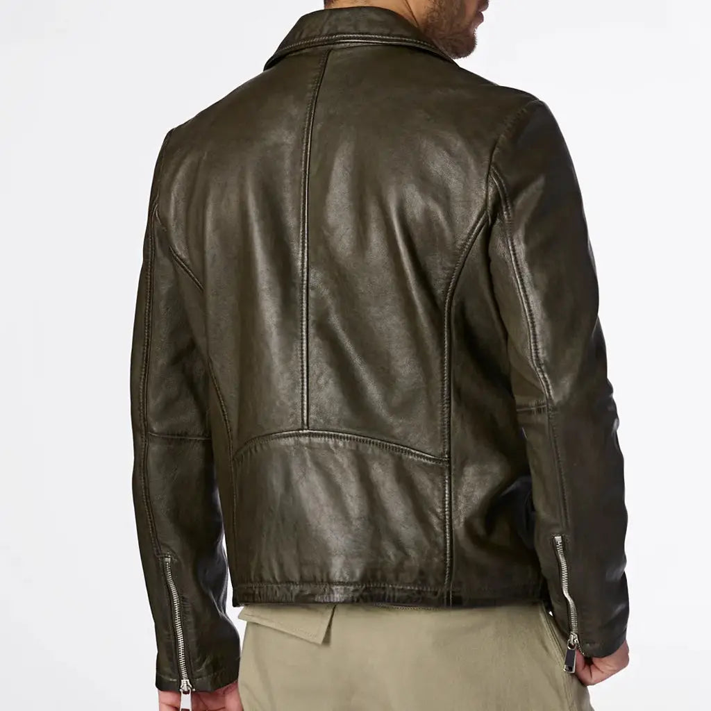 Geniune Olive Moto Leather Jacket - Image #4