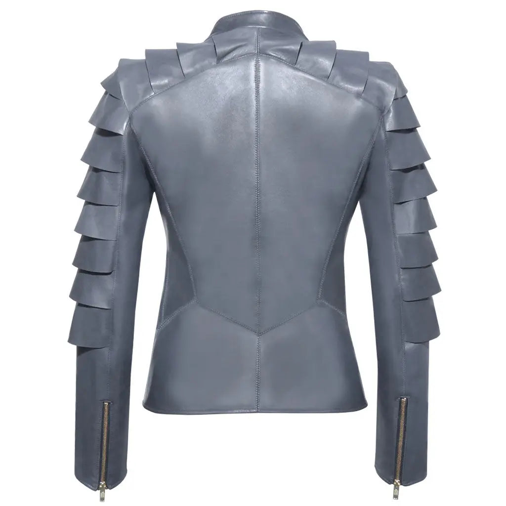 Draped Detailing Womens Gray Leather Jacket - Image #2