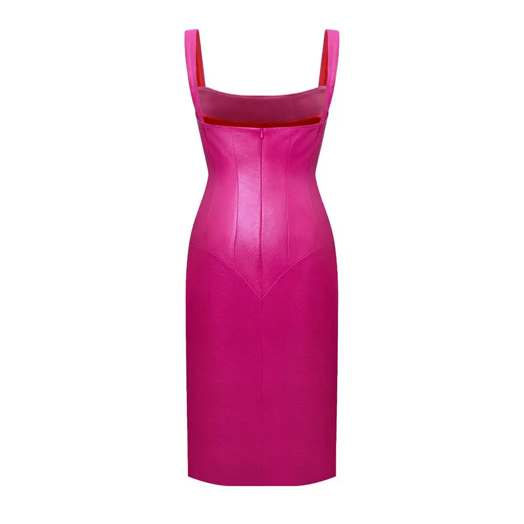 Best Genuine Leather Midi Dress In Fuchsia Pink 