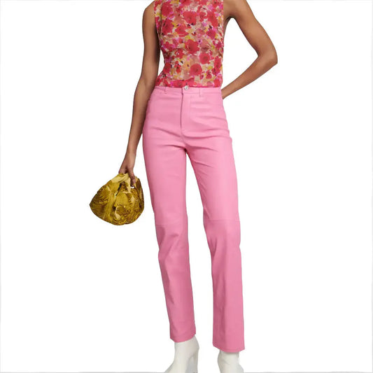 Ladies High-Rise Pink Leather Trousers Pants - Image #1