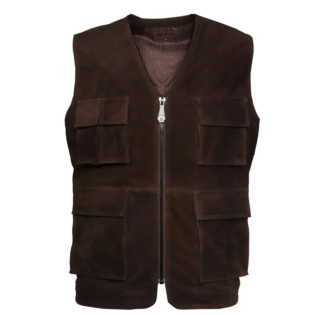 Halloween Elegant Dark Brown Suede Leather Multi-Pockets Vest - Image #1