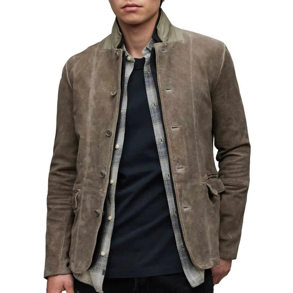 Suede Leather Men Blazer in Gray 