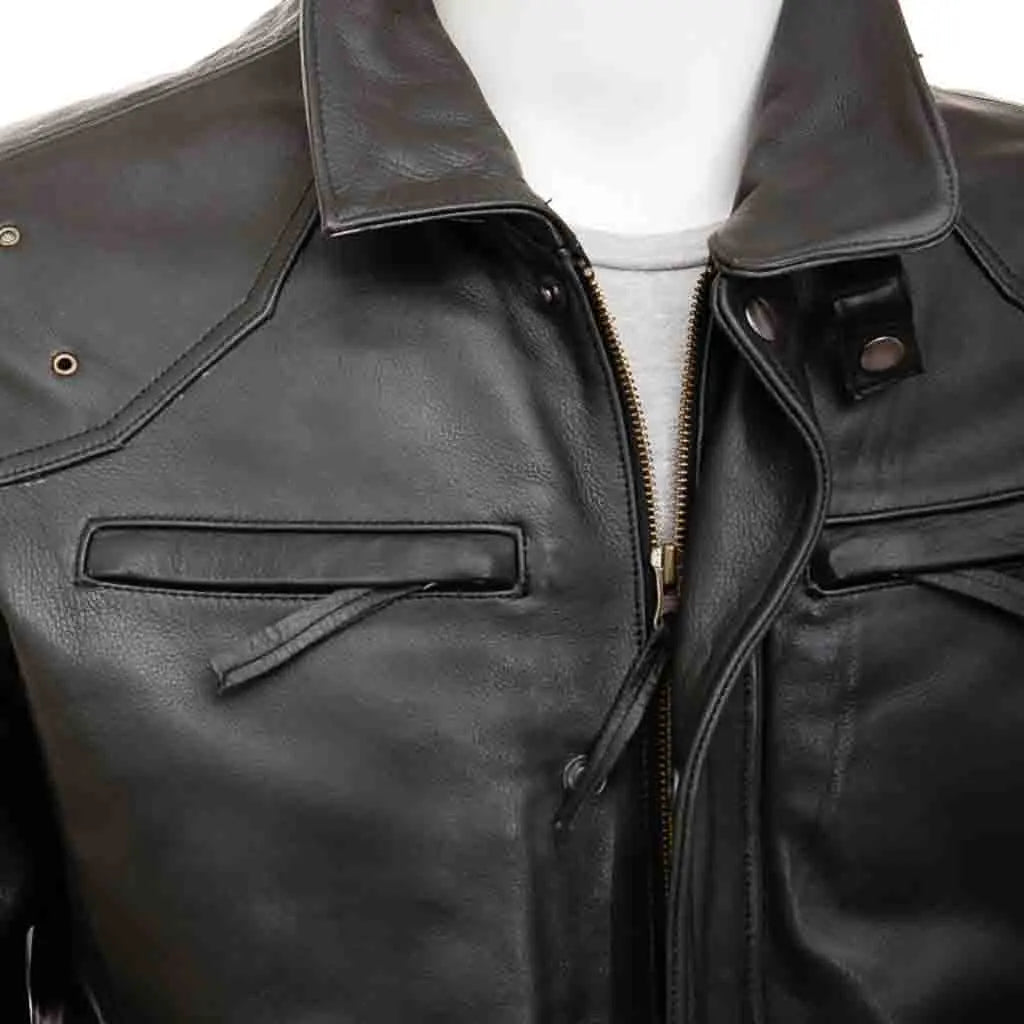 Genuine Leather Men Motorcycle Coat In Black