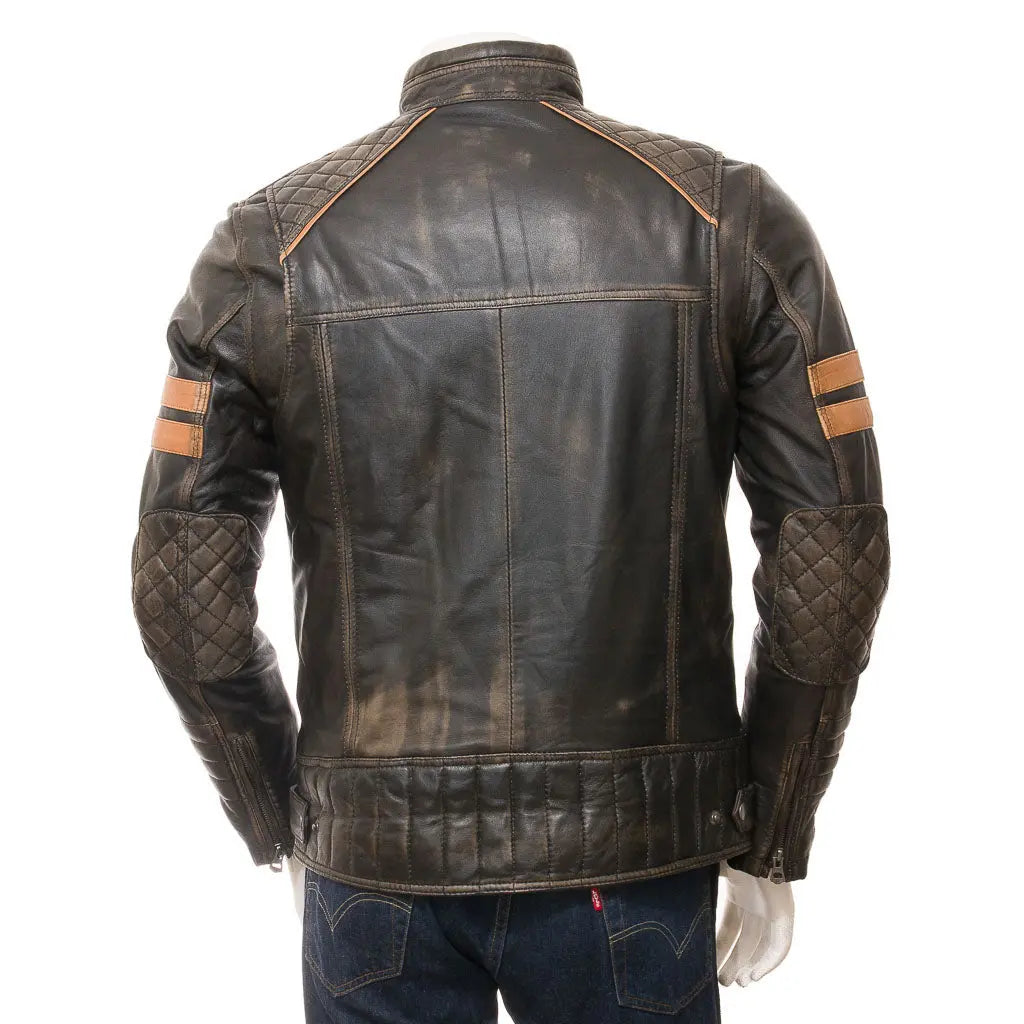 Men's Vintage Leather Racer Biker Jacket - Image #3