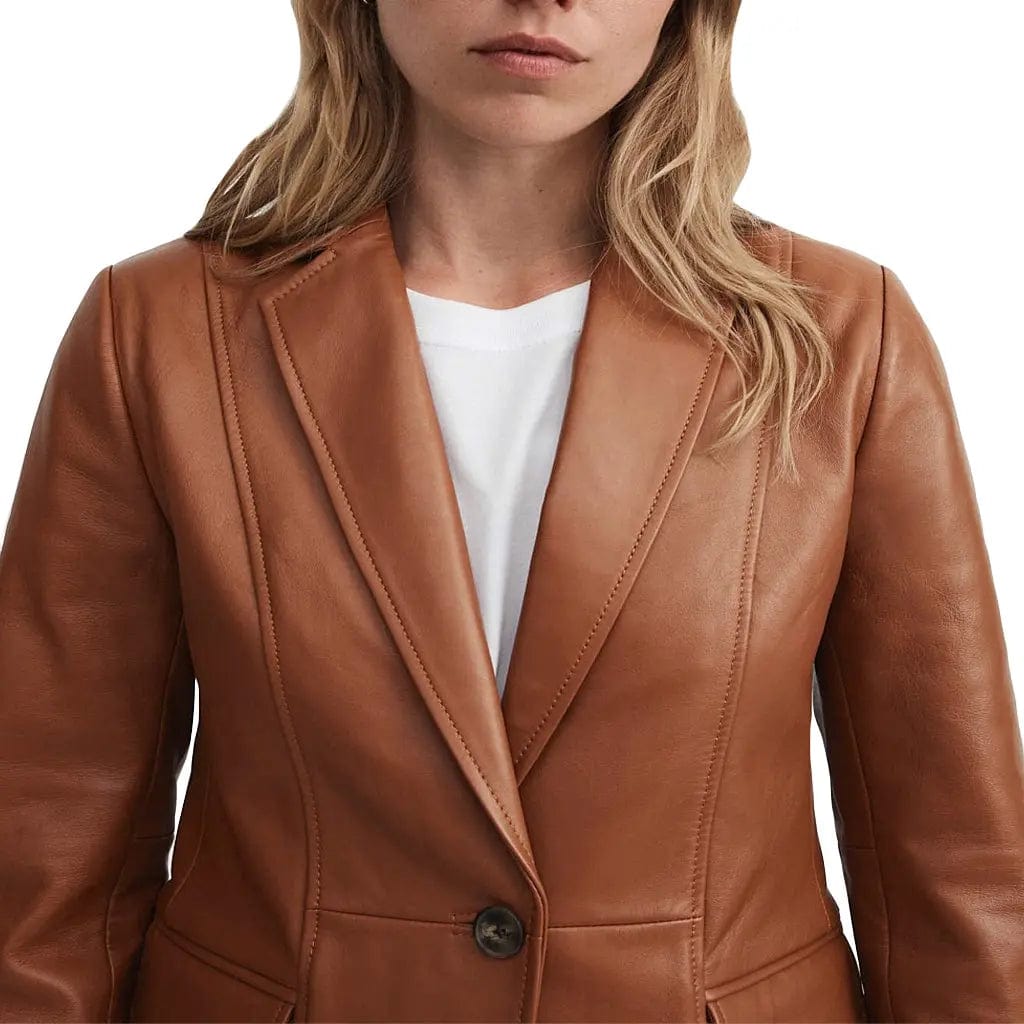 Women's Genuine Leather Single-Breasted Blazer - Image #2