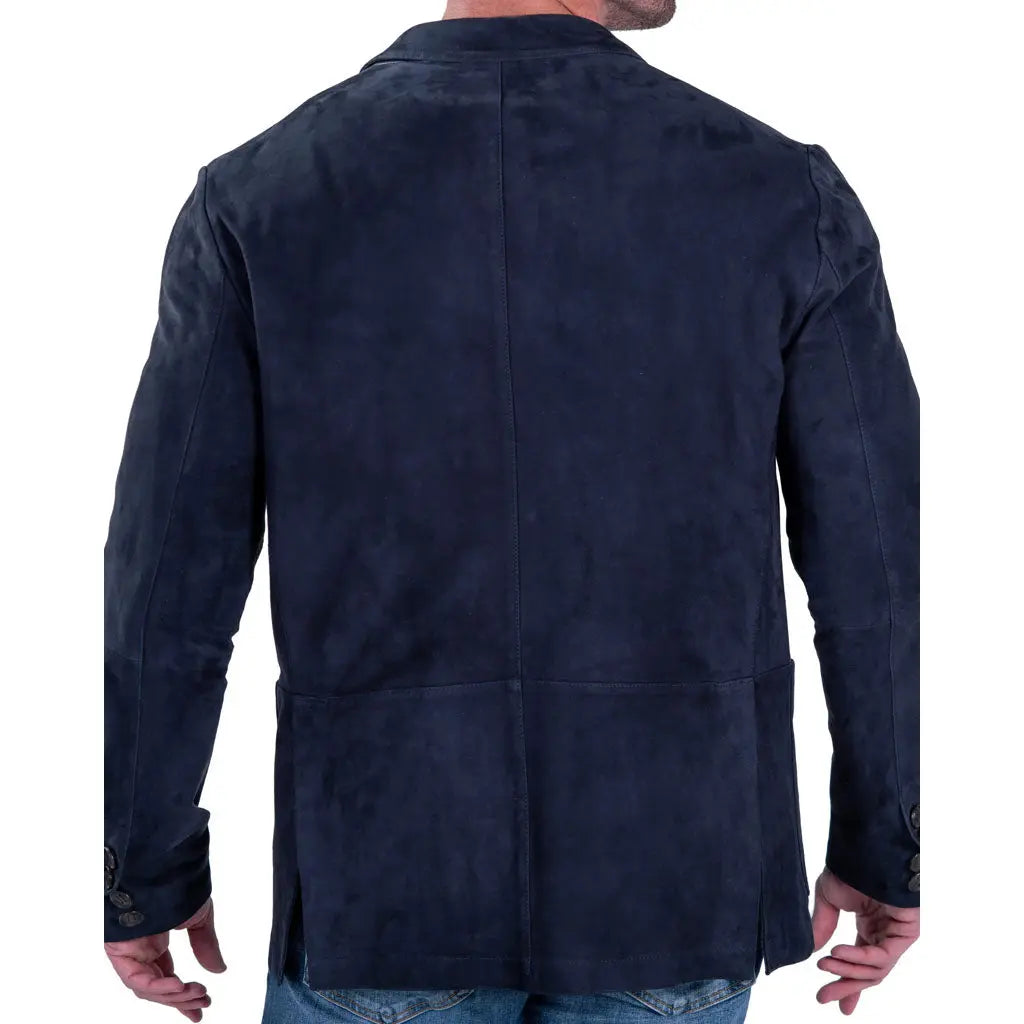 Navy Blue Suede Leather Blazer For Men - Image #2