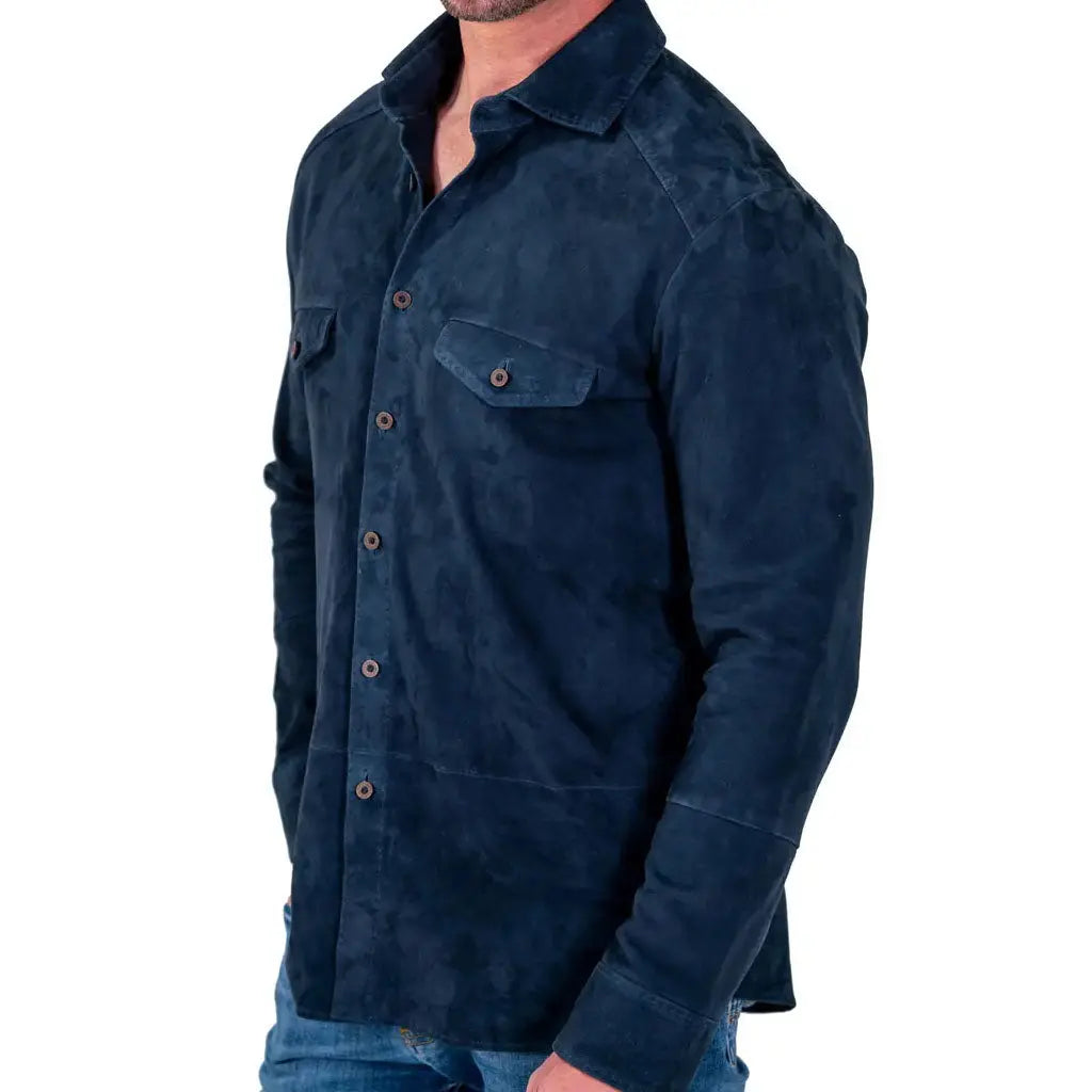 Navy Blue Suede Leather Button-Up Shirt Men's - Image #1