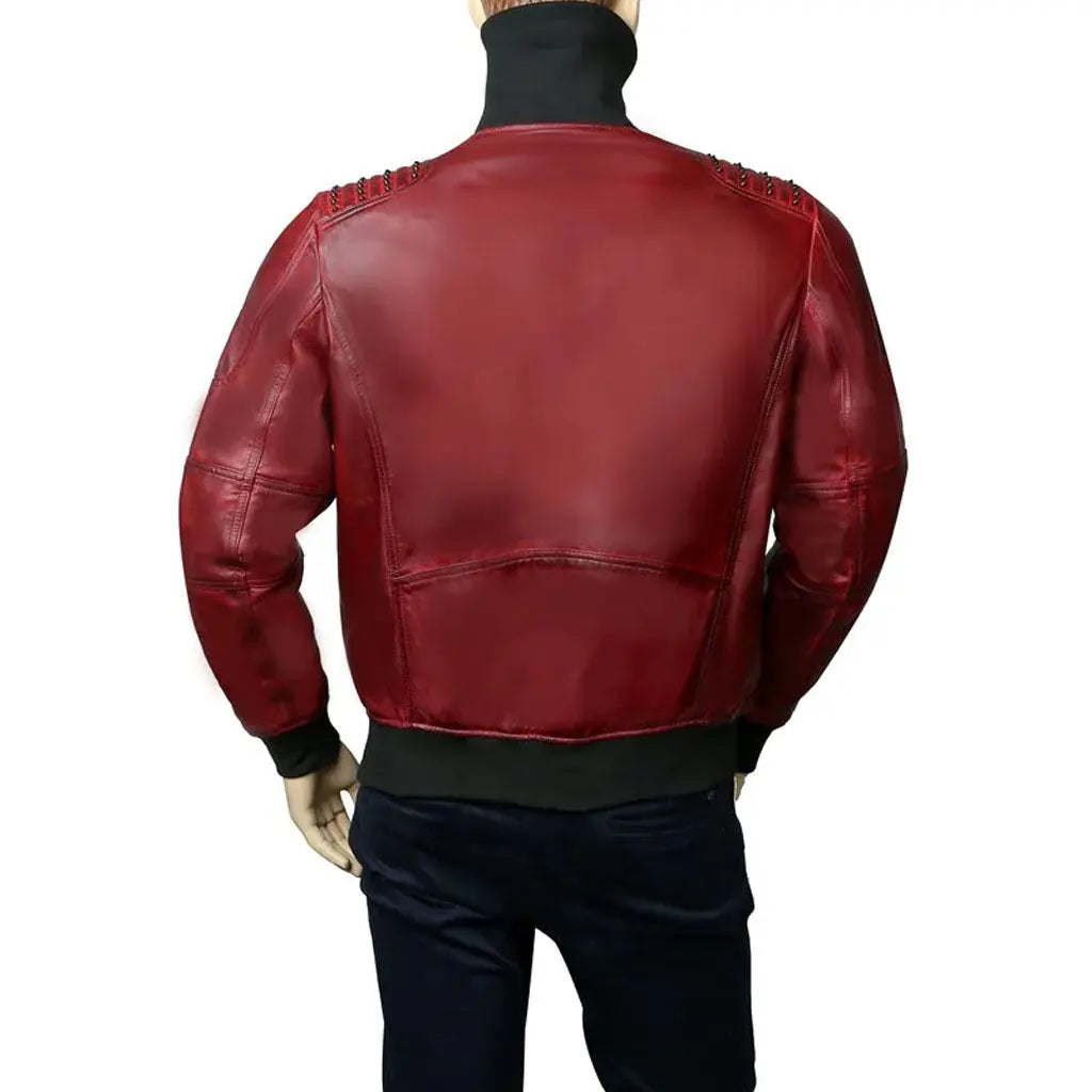 Turtle Ribbed Collar Red Genuine Bomber Gothic Leather Jacket - Image #4