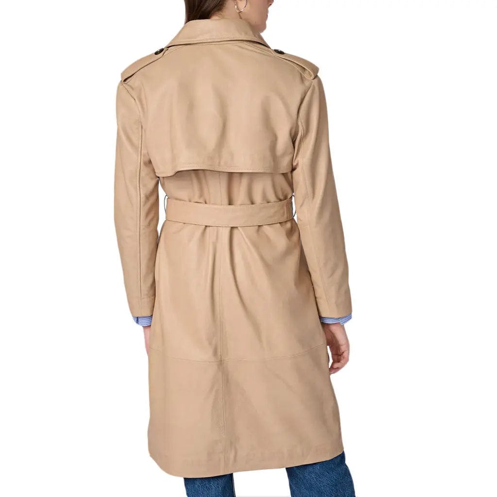 Women's Genuine Lambskin Beige Leather Trench Coat Ladies Winter - Image #2