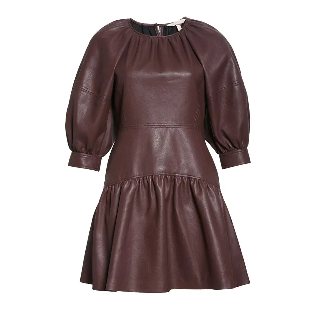Women's Faux Leather Puff Sleeve Dress - Image #4