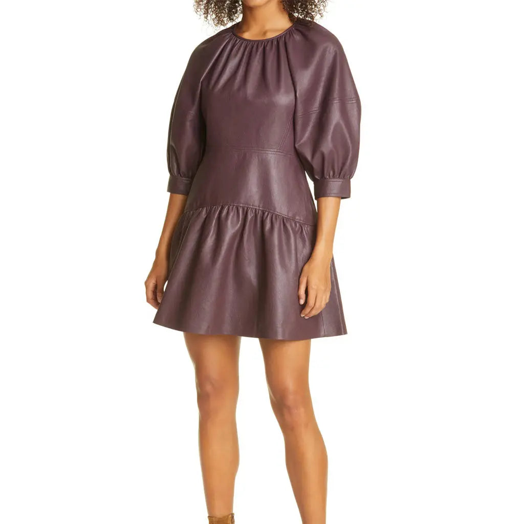 Women's Faux Leather Puff Sleeve Dress - Image #1