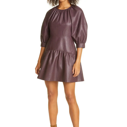 Women's Faux Leather Puff Sleeve Dress - Image #1