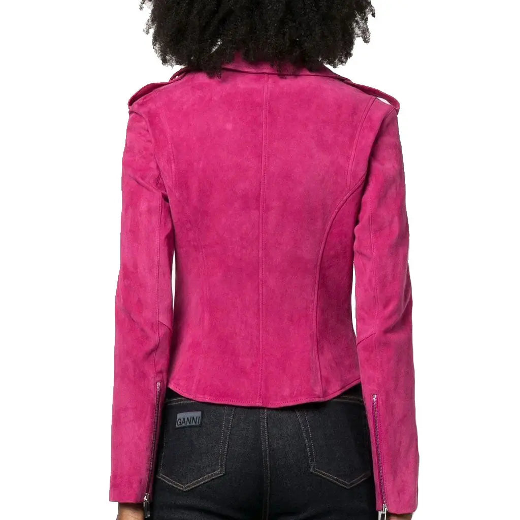 Pink Suede Leather Biker Jacket For Ladies - Image #4