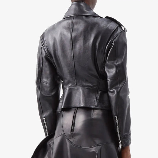 Peplum-Hem Leather Biker Jacket For Women - Image #2