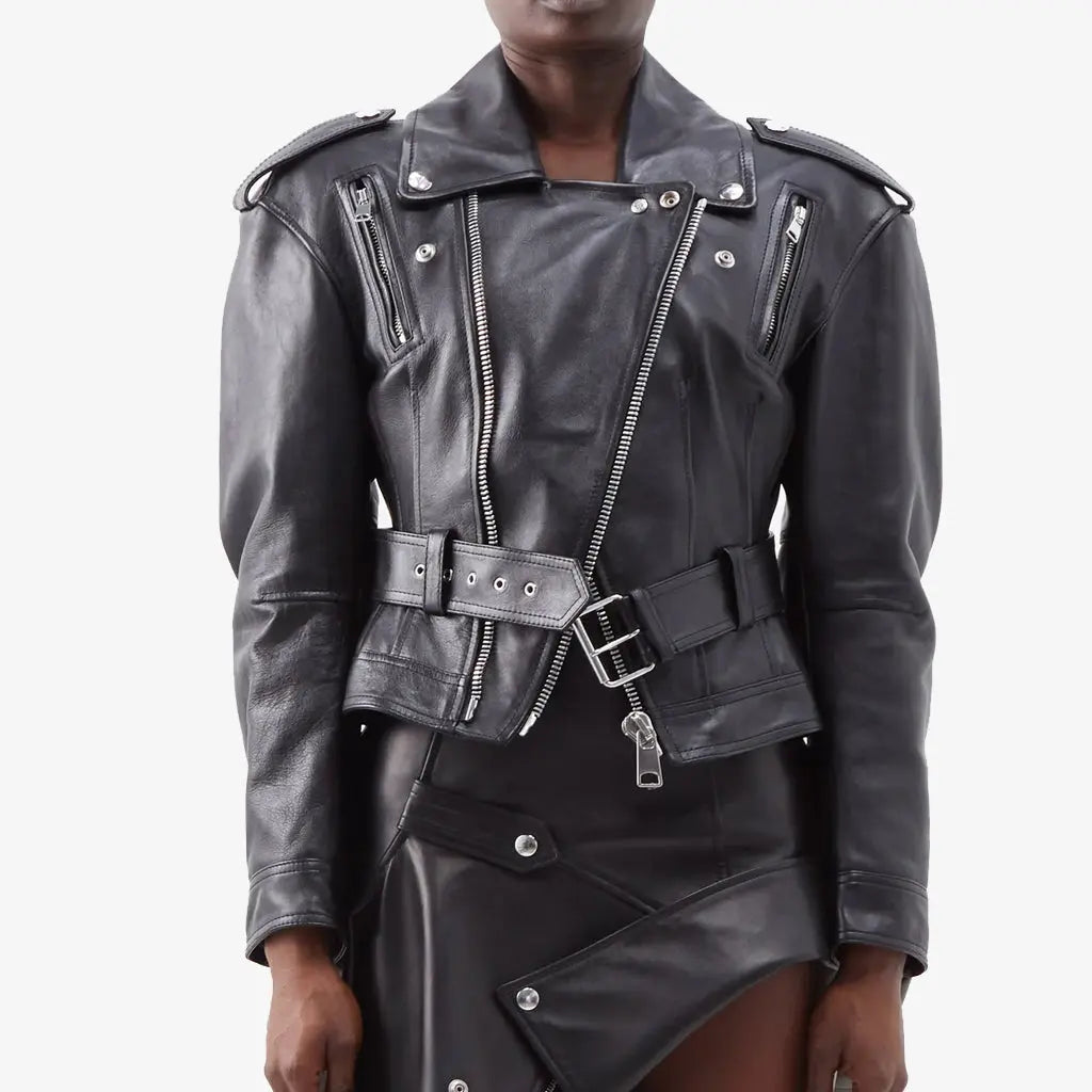 Peplum-Hem Leather Biker Jacket For Women - Image #1