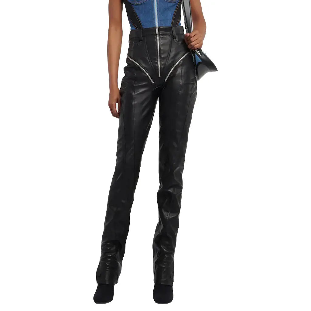 Black Zipped High-Waisted Biker Leather Jeans For Ladies - Image #4