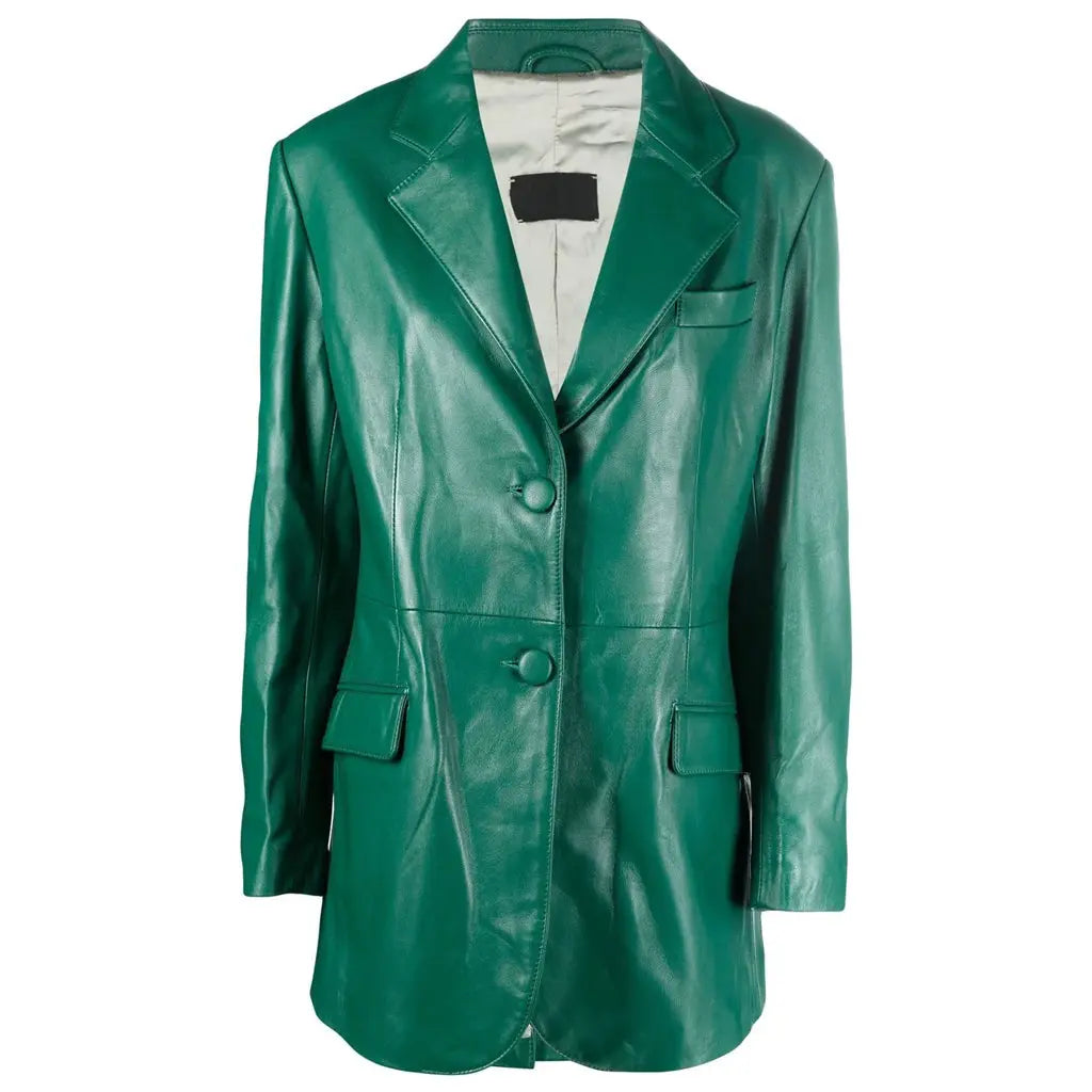 Classic Green Single-Breasted Leather Blazer Womens - Image #3