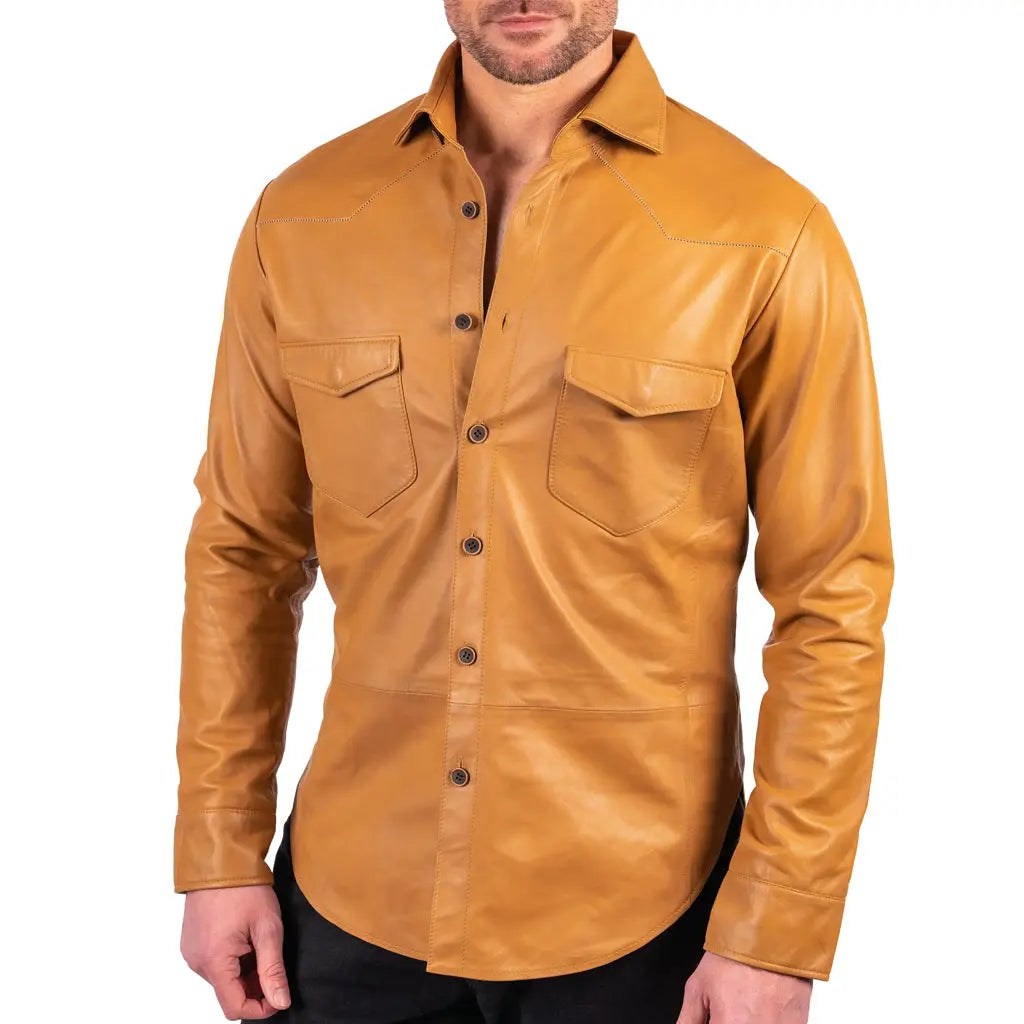 Sandalwood Lambskin Leather Button-Up Shirt For Men - Image #1