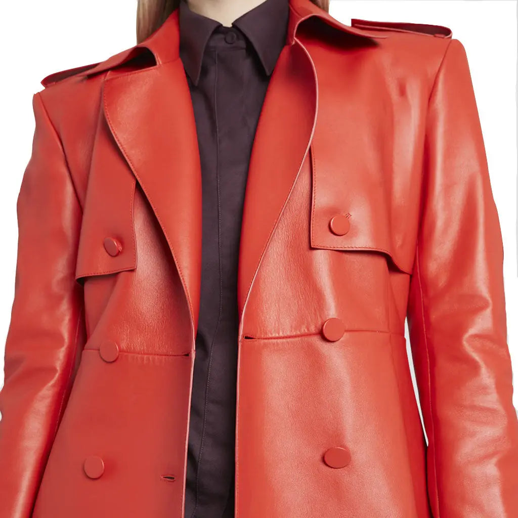 Ladies Red Belted Leather Trench Coat - Image #5