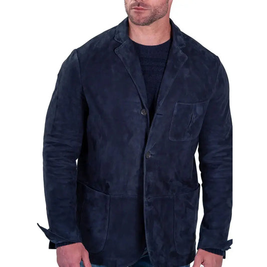 Navy Blue Suede Leather Blazer For Men - Image #1