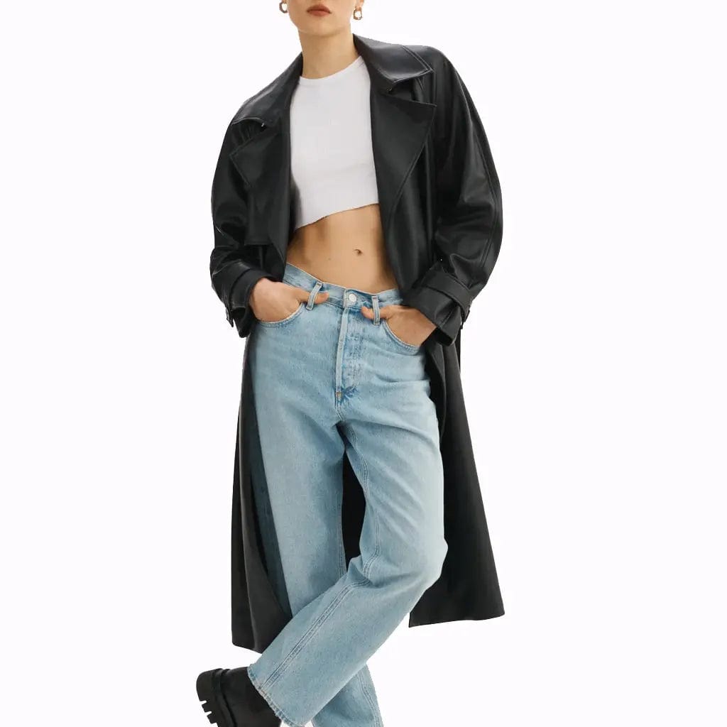Women Black Leather Trench Long Oversized Coat - Image #5