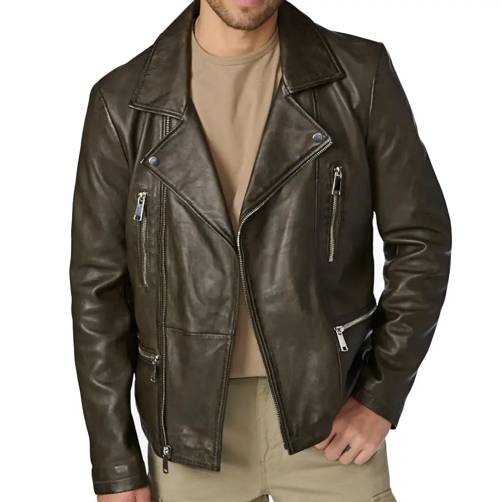 Geniune Olive Moto Leather Jacket - Image #3