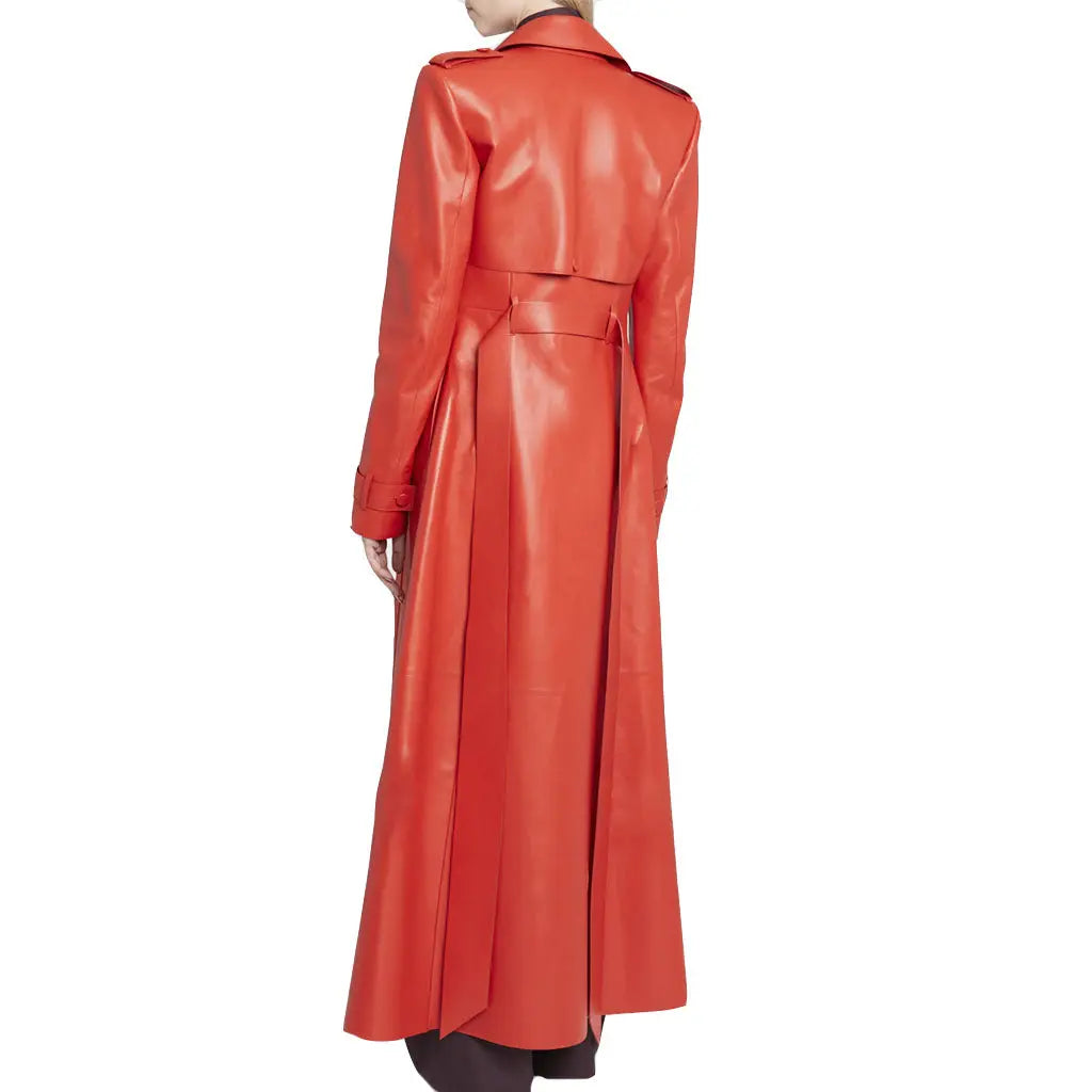 Ladies Red Belted Leather Trench Coat - Image #3