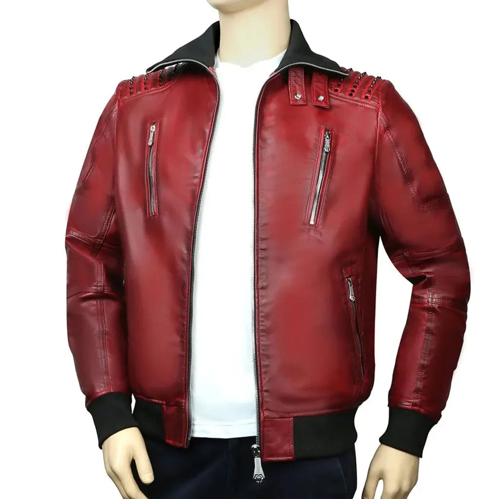 Turtle Ribbed Collar Red Genuine Bomber Gothic Leather Jacket - Image #3