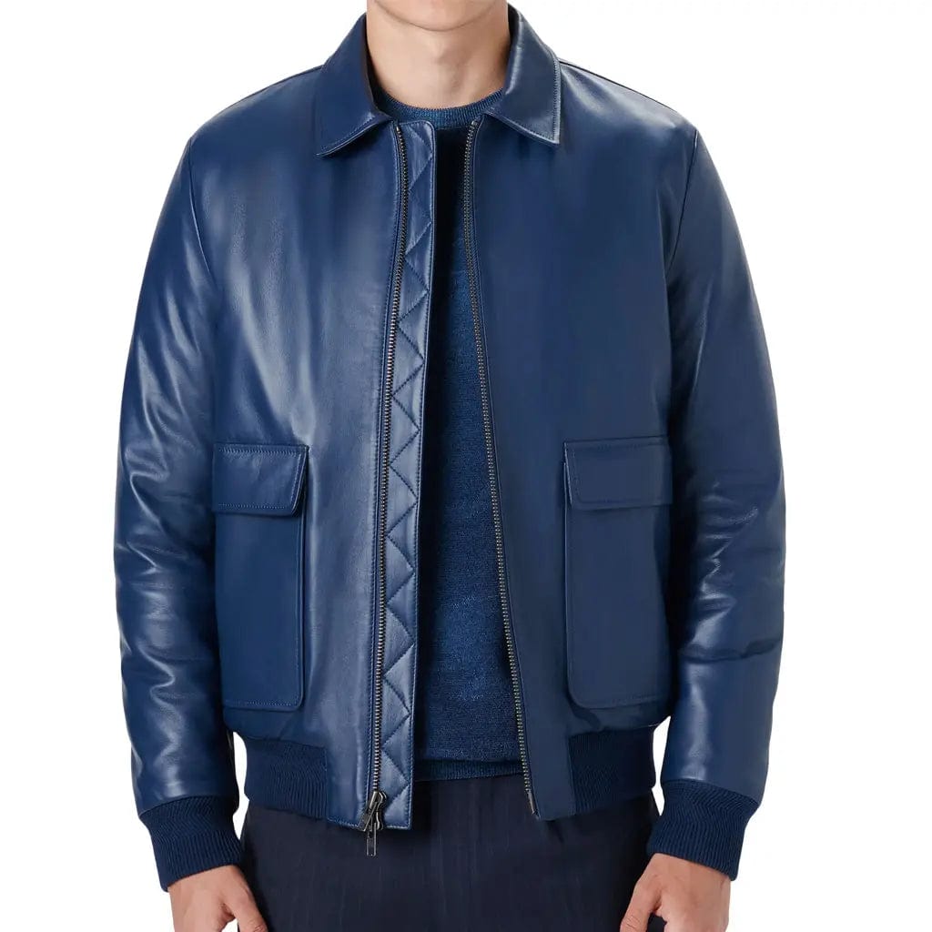 Mens Classic Blue Leather Bomber Jacket - Image #1