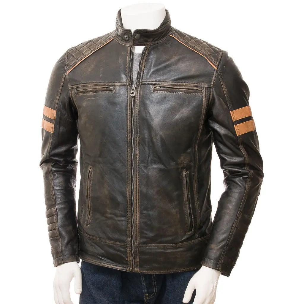 Men's Vintage Leather Racer Biker Jacket - Image #1