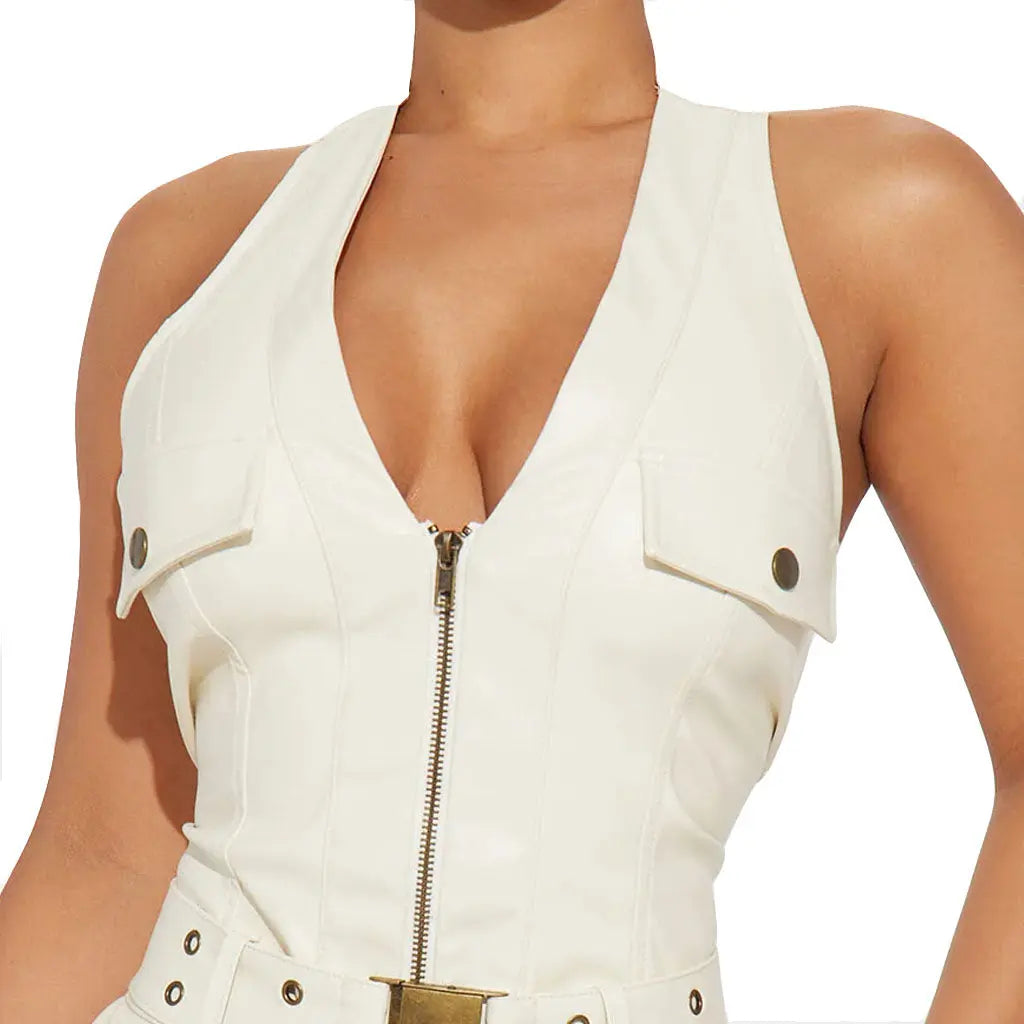 High Fashion Faux Leather Romper In  Cream - Image #4