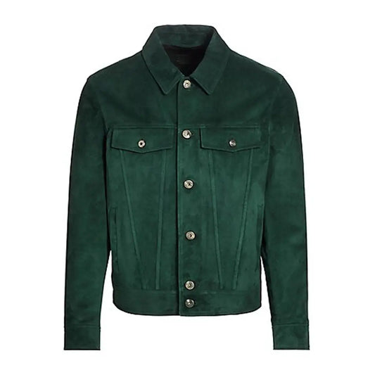 Men Suede Leather Jacket in Dark Green - Image #1