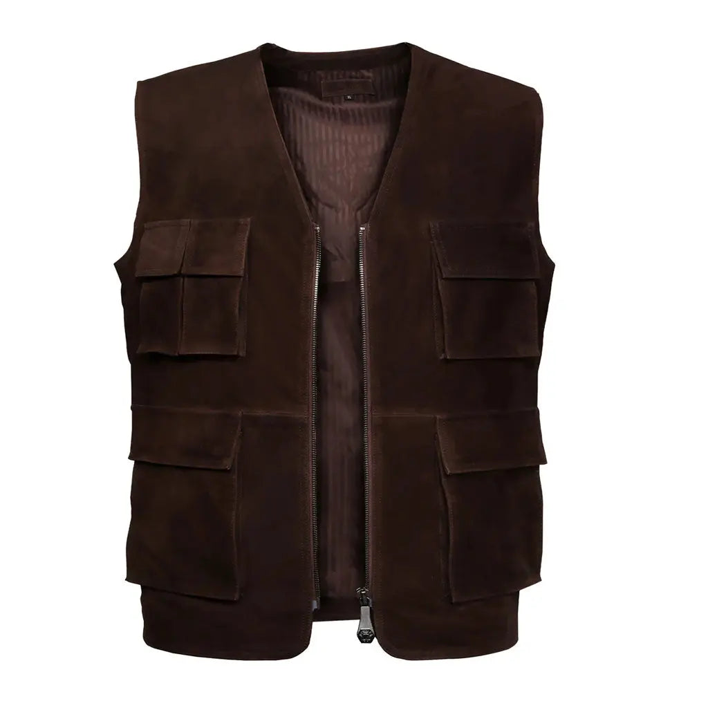 Halloween Elegant Dark Brown Suede Leather Multi-Pockets Vest - Image #2