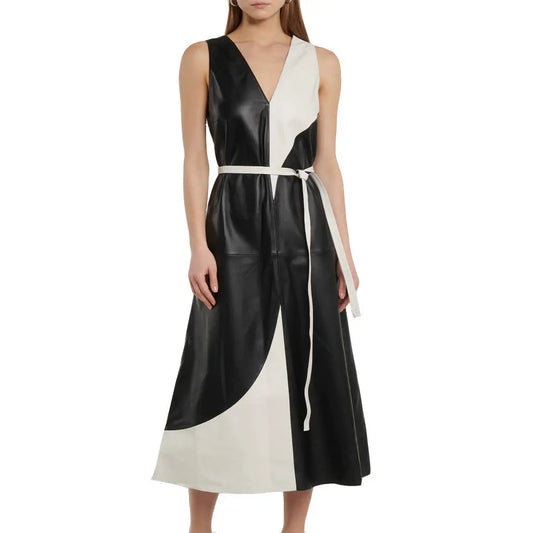 ColorBlock Women Leather Gown Black And White