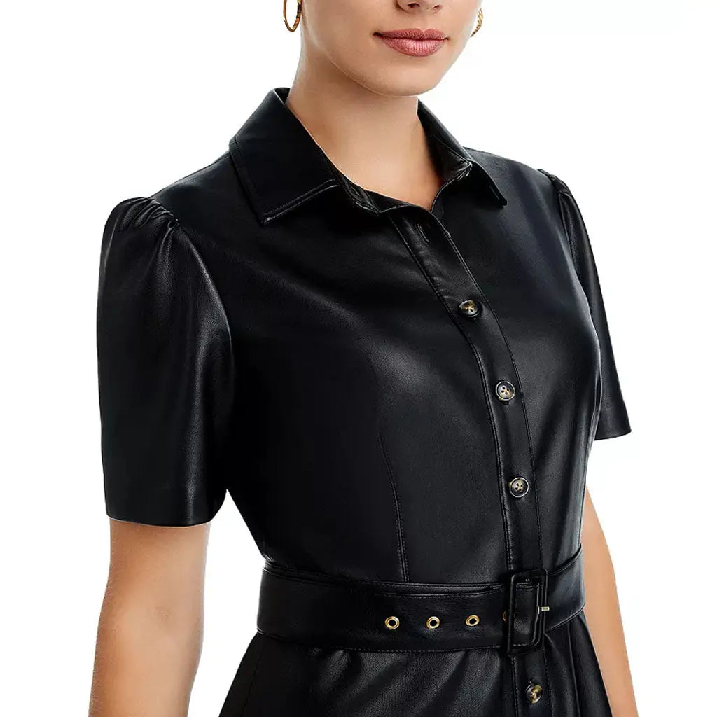 Black Pointed Collar Women Genuine Leather Midi Dress - Image #3