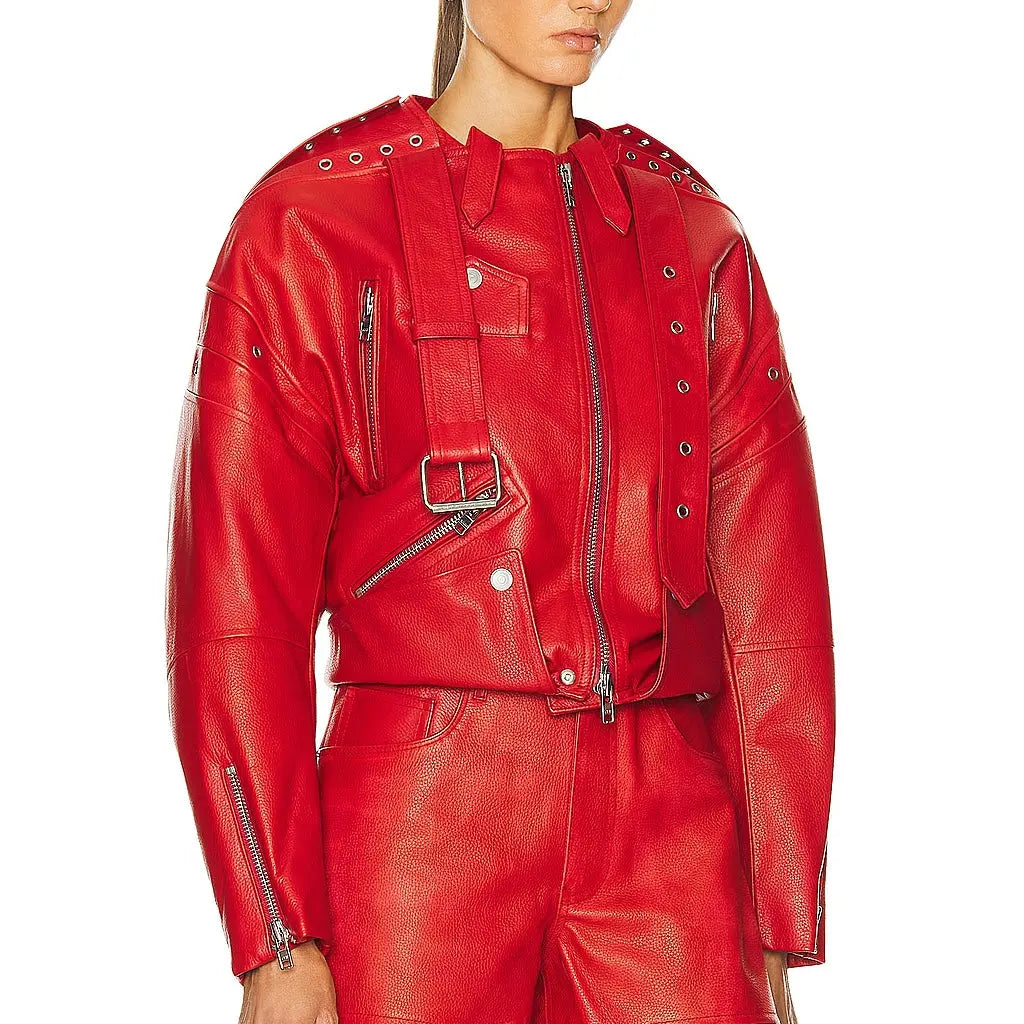 Red Women's Moto Lambskin Real Leather Jacket