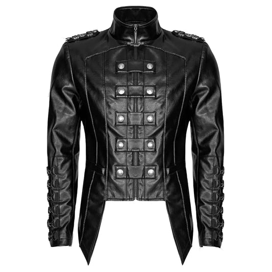 LeatherViz Men's Gothic  Leather Military Jacket in Black