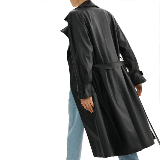 Women Black Leather Trench Long Oversized Coat - Image #2