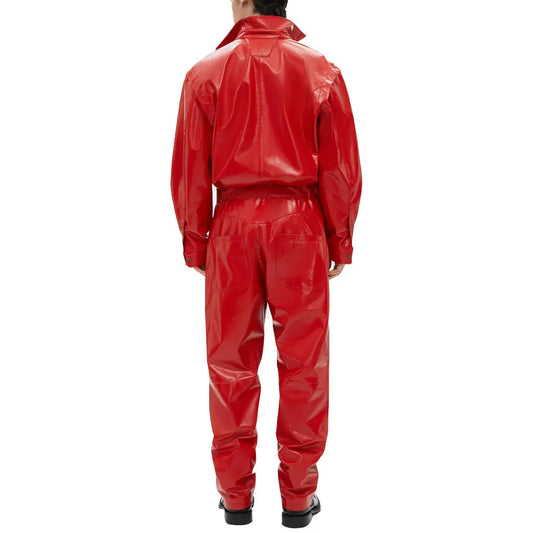 Men Genuine Leather Jumpsuit Red Overall Biker Racer Suit