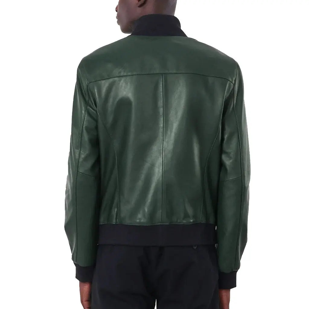 Green Leather Bomber Jacket for mens
