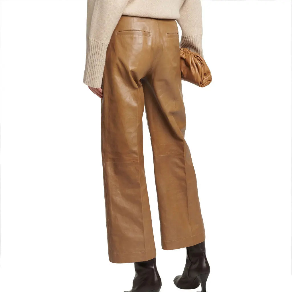 Women's Real Lambskin Leather Beige Pants Wide-Leg Trousers Pants - Image #2