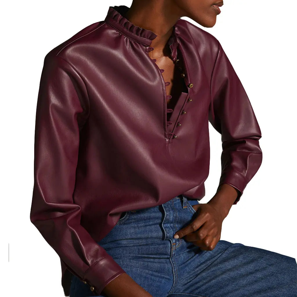 Young Women Model wearing Ruffled Neckline Vegan Leather Everyday Blouse