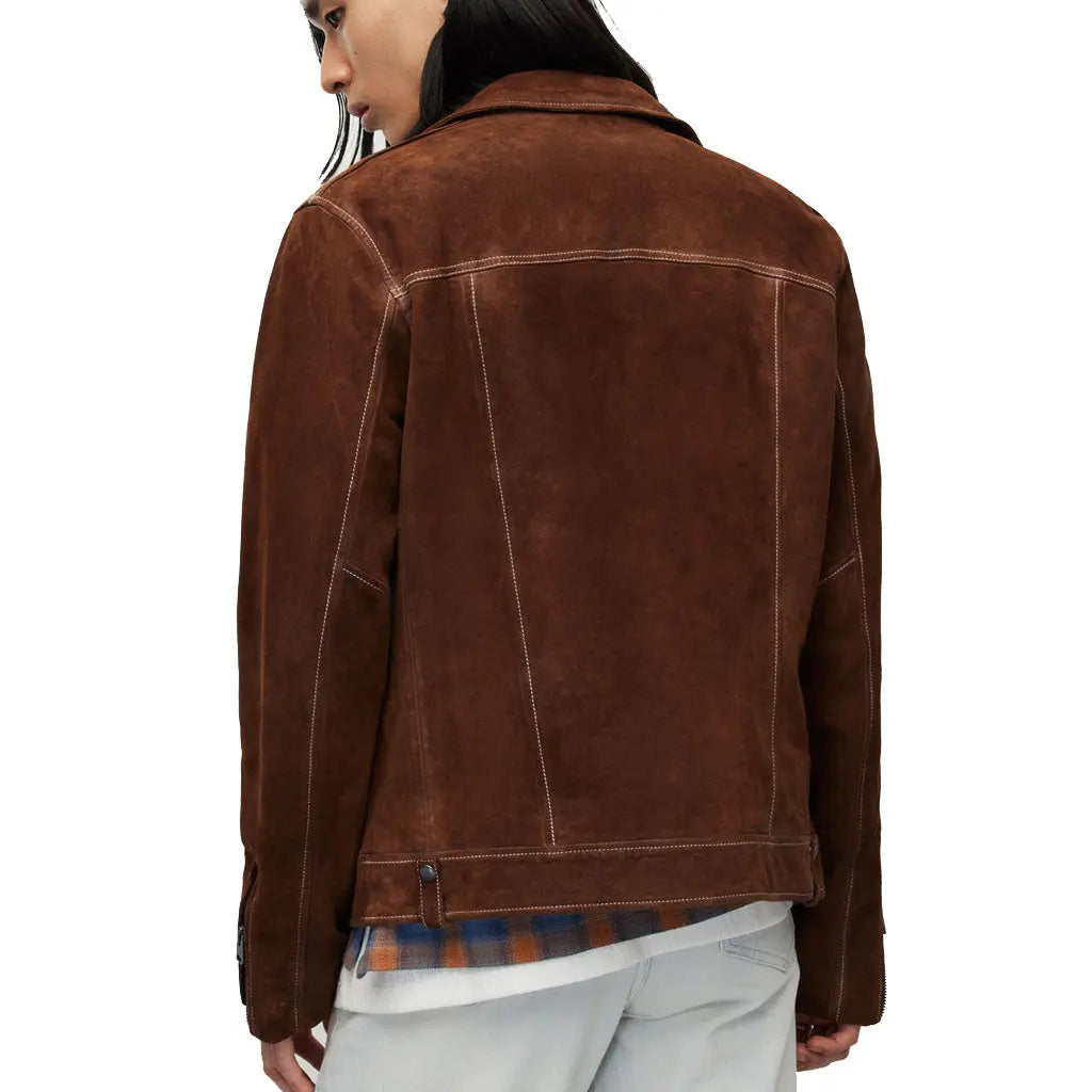 LeatherViz Asymmetric Zip Brown Suede Biker Jacket - Image #2