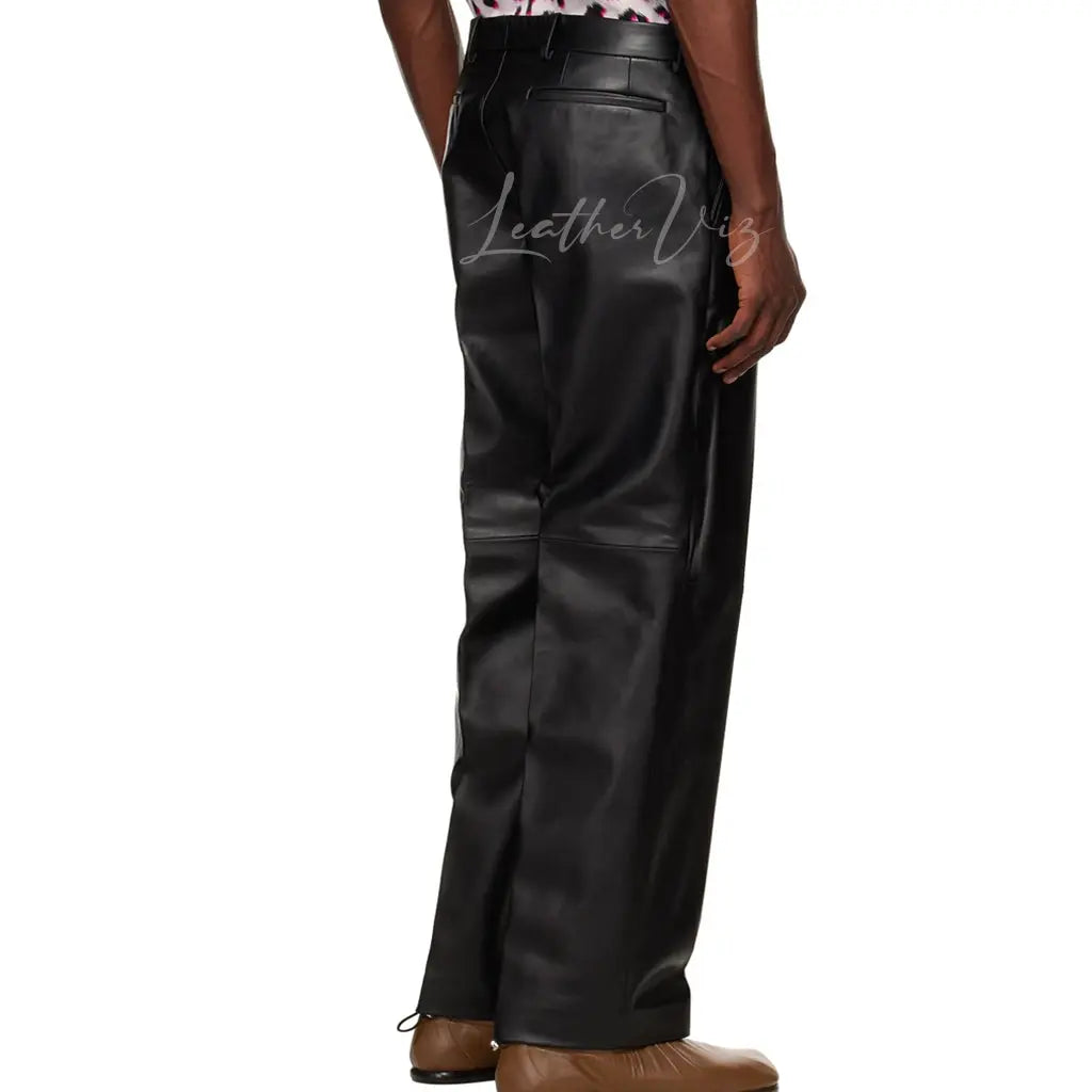 BLACK PANELED DETAILING MEN LEATHER TROUSERS - Image #3