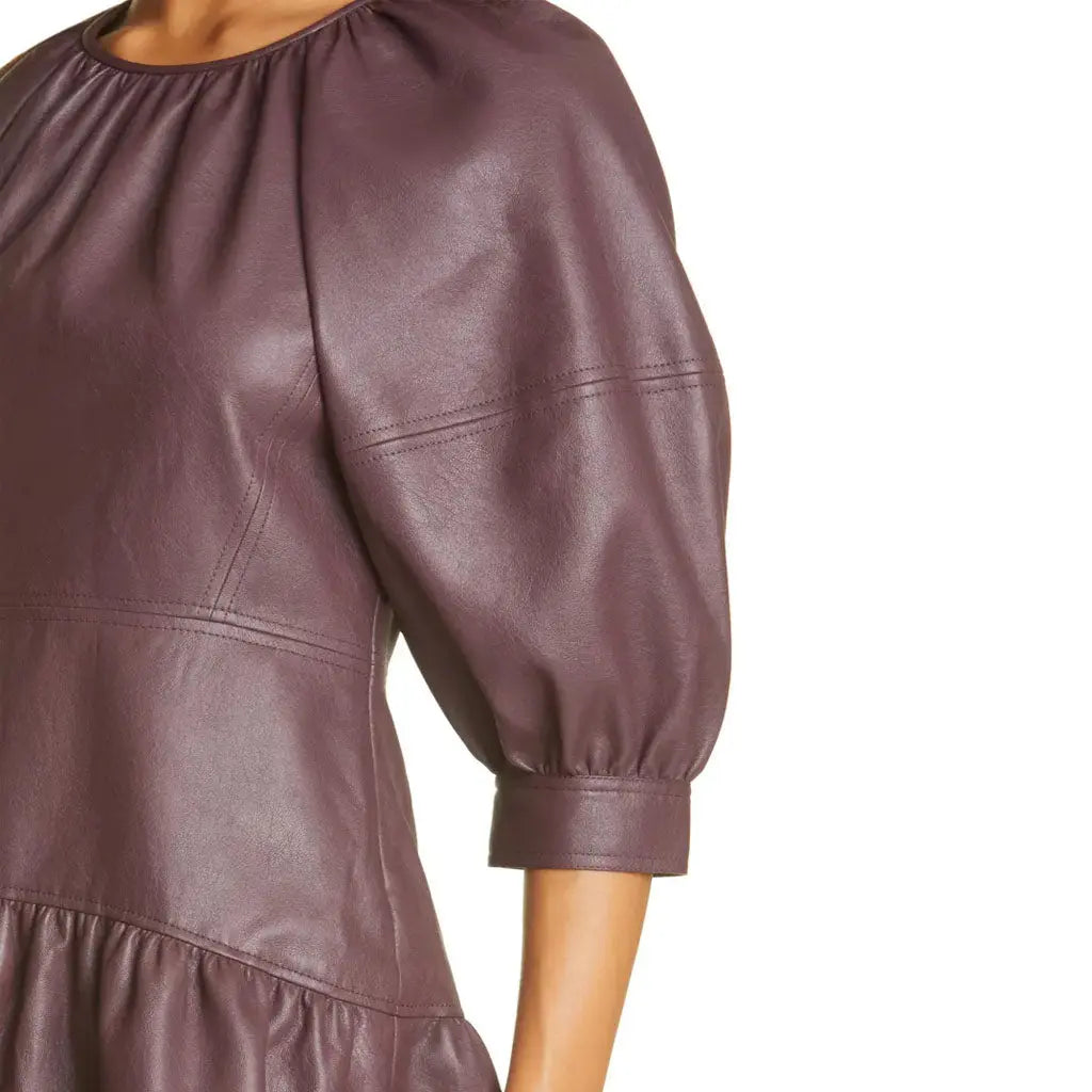 Women's Faux Leather Puff Sleeve Dress - Image #5
