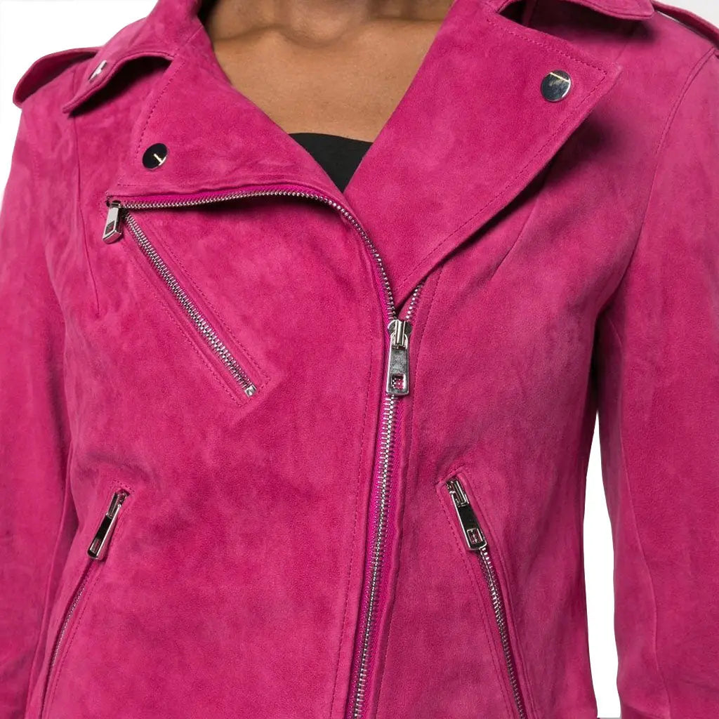 Pink Suede Leather Biker Jacket For Ladies - Image #3