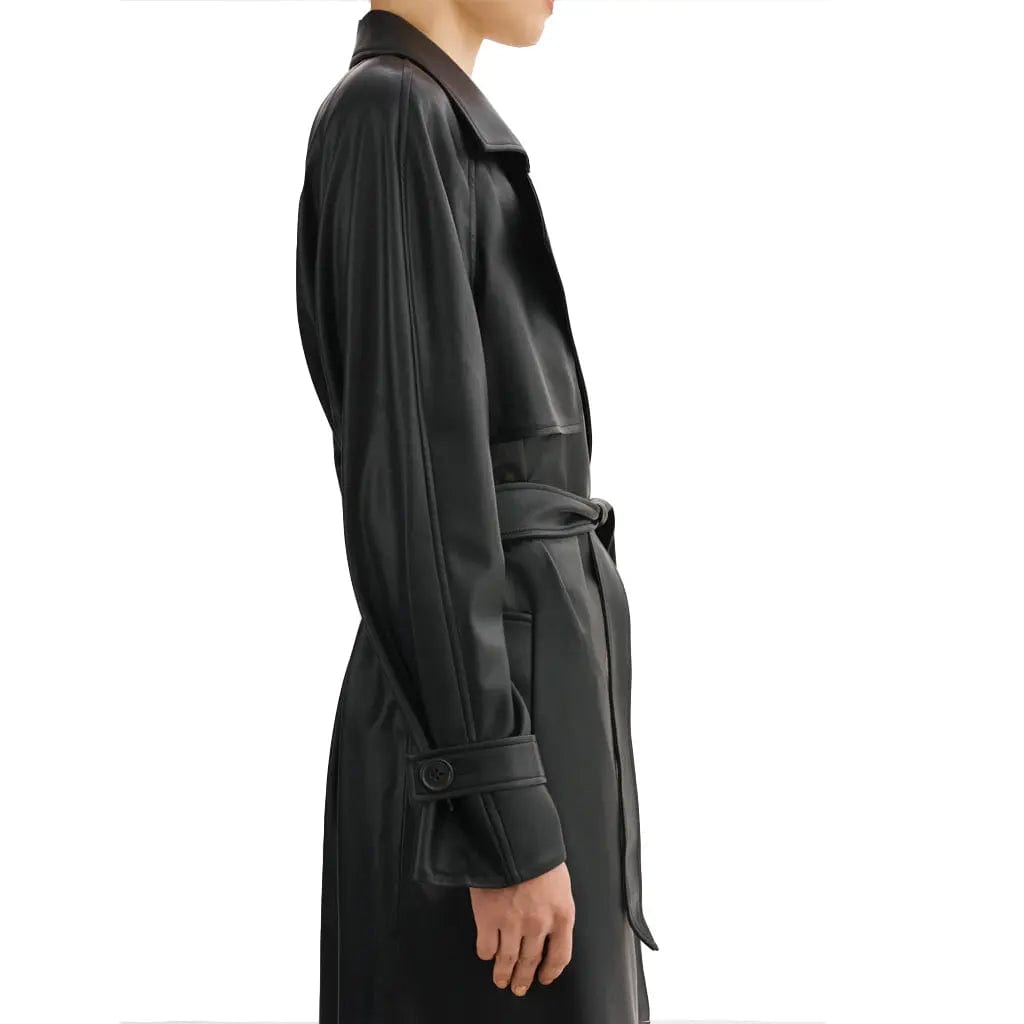 Women Black Leather Trench Long Oversized Coat - Image #3