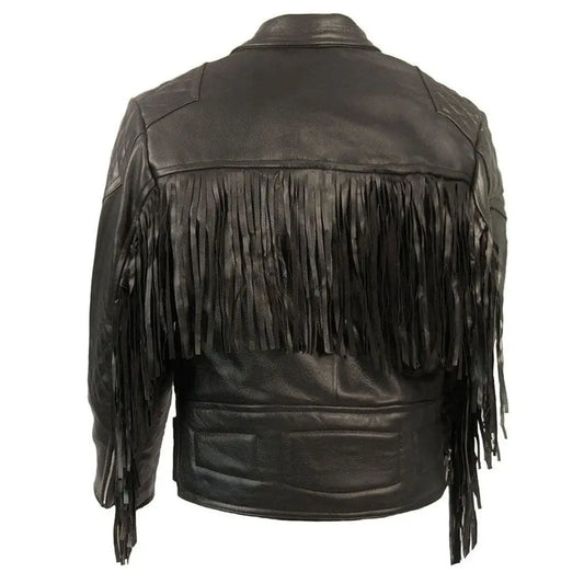 Men's Western Style Black Leather Jacket with Fringes and Quilted - Image #2