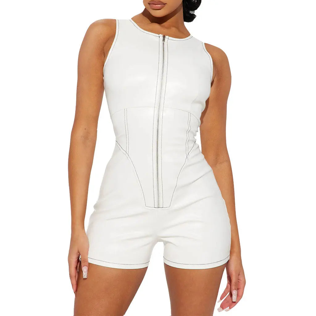 Womens Weekend Flirt Faux Leather Romper In  White - Image #1