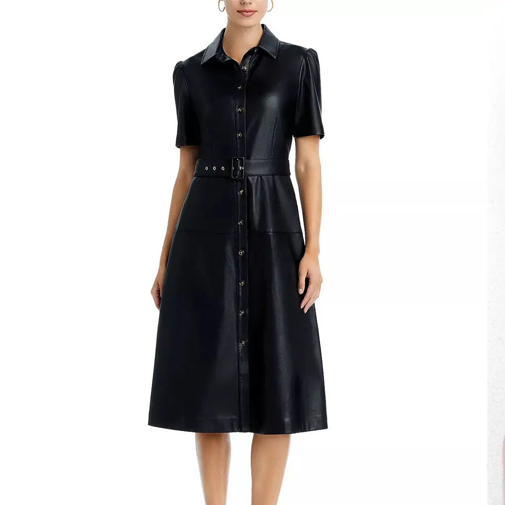 Black Pointed Collar Women Genuine Leather Midi Dress - Image #1